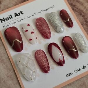 108. Red and White Mixed Press-On Nail Set with Glitter Hearts